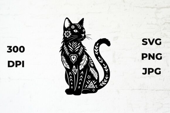 Download Black Cat Silhouette with Boho Patterns - Boho patterns Collection