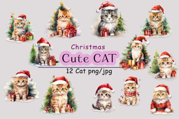 Download Cute Cat Wearing Santa Hat with Giftbox - Giftbox Collection